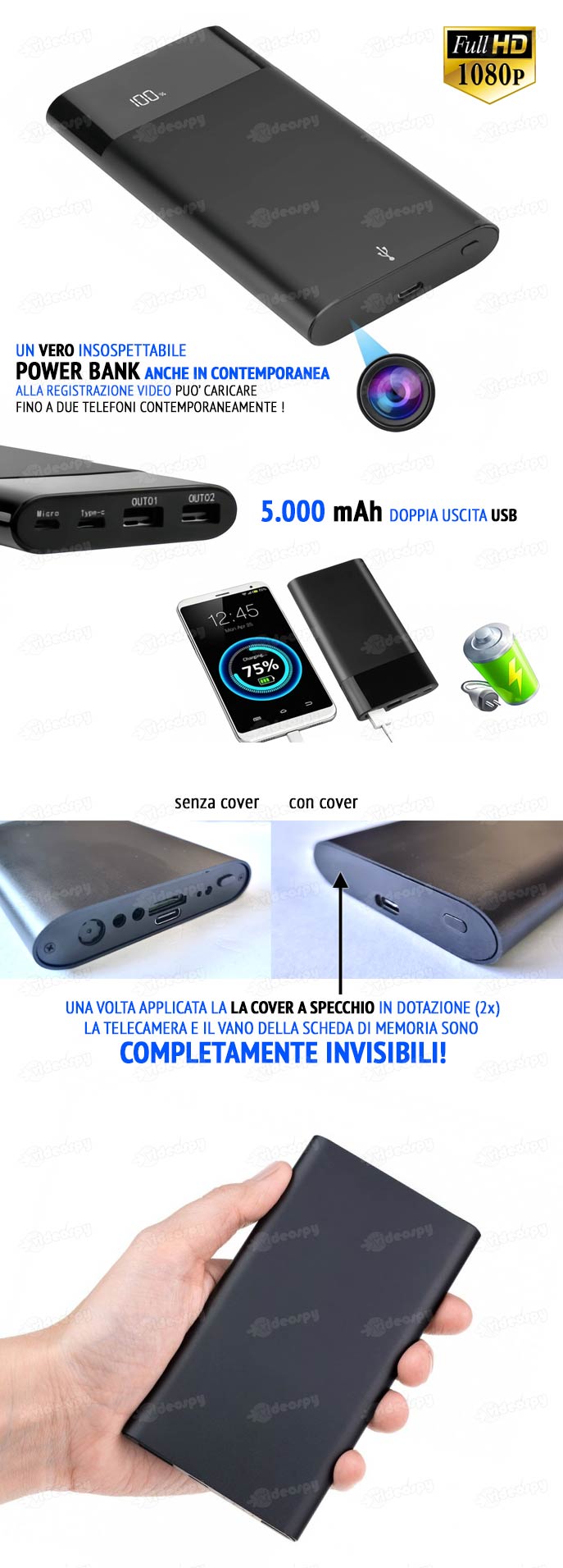 power bank con telecamera spia alta definizione